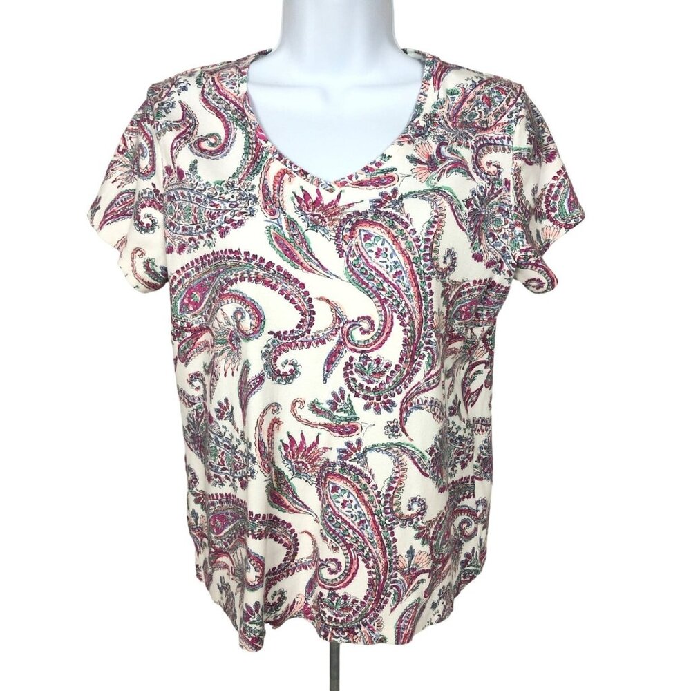 croft & barrow Cream Short Sleeve Paisley Tee with Pink and Green Accents
